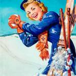 Девушка пин-ап с лыжами